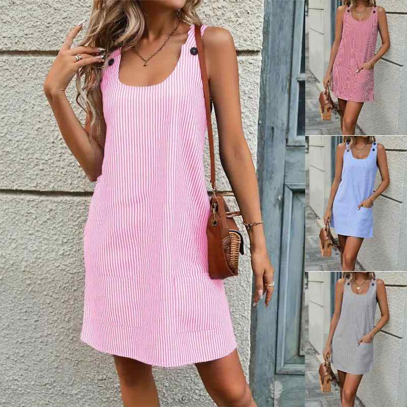 ワンピース レディース 春夏 ストライプ 無袖 ラウンドネック ボタン 背帶 ポケット ミディ丈 ペンシルシルエット 中腰 修身 気質 通勤 普段使い 軽量 ポリエステル ピンク 赤 ブラック ブルー カジュアル シック 吸湿速乾 伸縮性 接触冷感