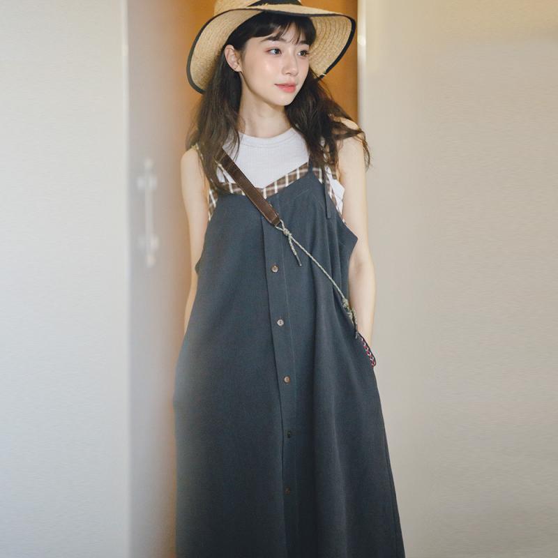 レディース 吊り紐 ワンピース 復古 格子柄 切り替え 背バンド スカート Aライン ロング スリム ゆったり 無袖 Vネック セットインスリーブ ピックアップ カラーブロック ナビーブルー コットン混 スパンデックス 混紡 春夏 ライトウェイト 柔軟