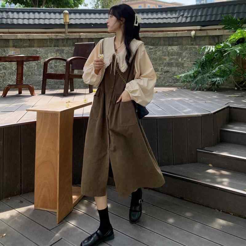 レディース 大きいサイズ 背?ワンピース 長袖 Aライン 丸首 切り替え 丸襟ブラウス セット コットンライク ポリエステル 伸縮性 軽量 通勤 普段使い かわいい シルエット 街頭風 秋冬 ストレート ロングスカート ウエストカバー スリム効果