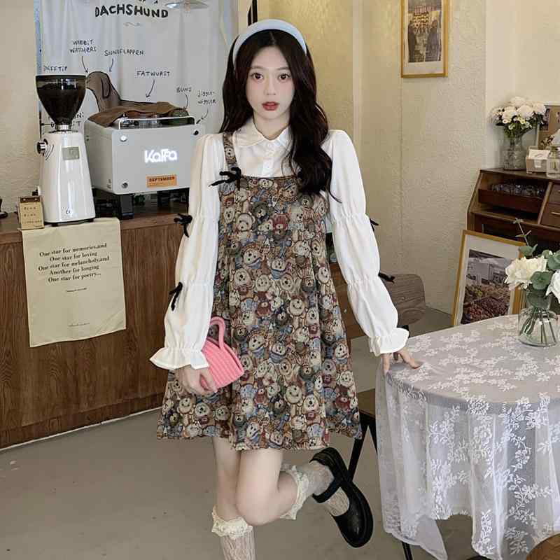 長袖ワンピース 女性用 かわいい 蝶結び 長袖シャツ 偽ツーピース 小熊柄 背広スカート 気質 気質通勤 気質優雅 基本款 長スカート ストレートスカート シャツカラー 泡泡袖 ゆったりウエスト 3D立体パターン セットアップ ポリエステル 画像色