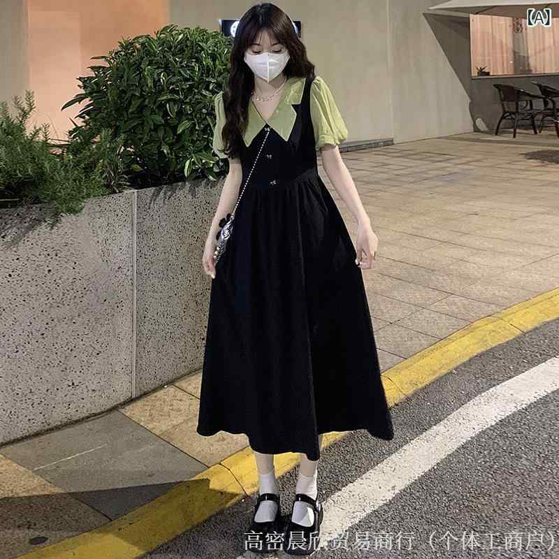 ワンピース レディース 少女向け 夏 長丈 背帯スカート 偽ツーピース 短袖 泡泡袖 翻領 高腰 切り替え 接触冷感 薄手 ゆったり ブラック グリーン ブルー ピンク ベージュ かわいい 甘め 日系 韓系 春夏 普段使い 通学 軽量 伸縮性 吸湿速乾