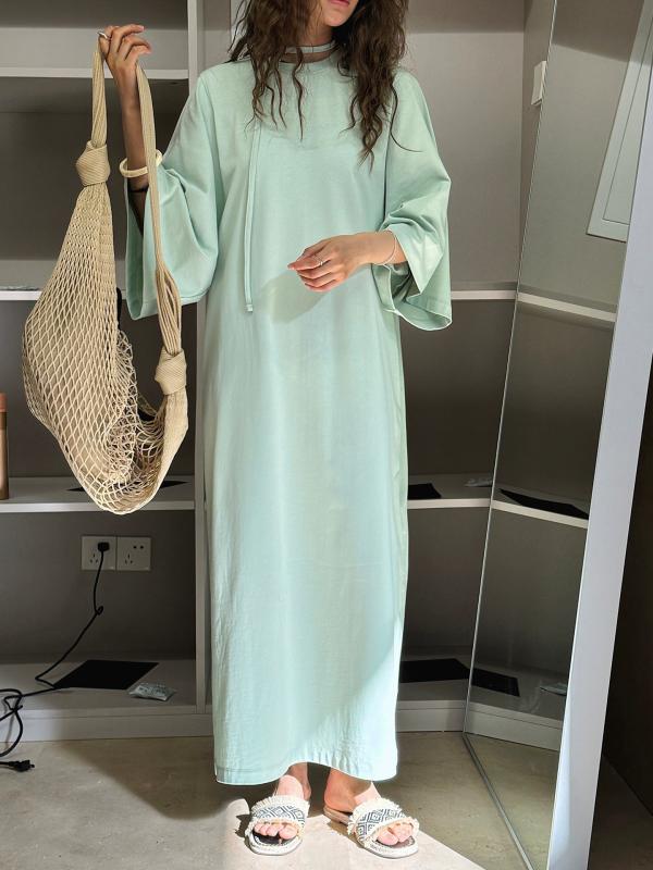 ワンピース レディース 夏 春夏 韓系 シンプル ゆったり H型 トップス ワンピース 純色 ルーズ スリム 長袖 七分袖 ワイド 腰回り 切り替え セットアップ 単品 ロングスカート ストレートスカート クルーネック セットインスリーブ ブラック ミン