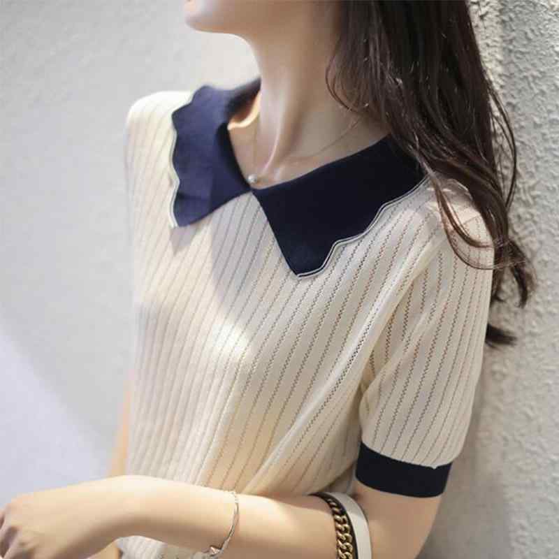 レディース Tシャツ 短袖 トップス 娃娃領 直筒型 切り替え デザイン ポリエステル 素材 ?? 繊維 接触冷感 アイスシルク 夏 夏季 日韓 スタイル 休? 快適 白色 ブラック ピンク系 アイボリー 日常使い カジュアル 普段着 軽量 通気性 吸湿