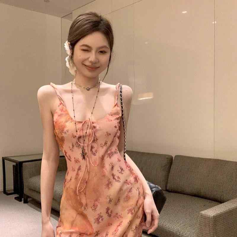 ワンピース レディース 春夏 吊り帯 ロングドレス ハイウエスト フレンチスタイル ピンク系 花柄 グラデーション ヴィンテージ加工 無袖 Vネック 接触冷感 ポリエステル 軽量 通勤 普段使い かわいい 甘め 優しい シルエット
