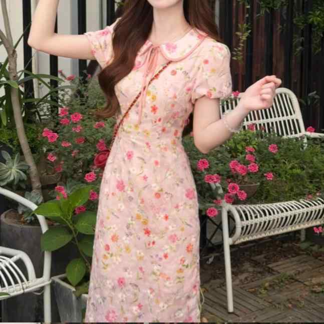 チャイナドレス ワンピース レディース 夏 春夏 接触冷感 再生繊維 ポリエステル 切り替え 花柄 プリント フラワー 短袖 かわいい 小襟 中腰 Aライン 中長丈 収腰 スリム デザイン 通勤 気質 優雅 セットアップ 免・聞 伸縮性 花色