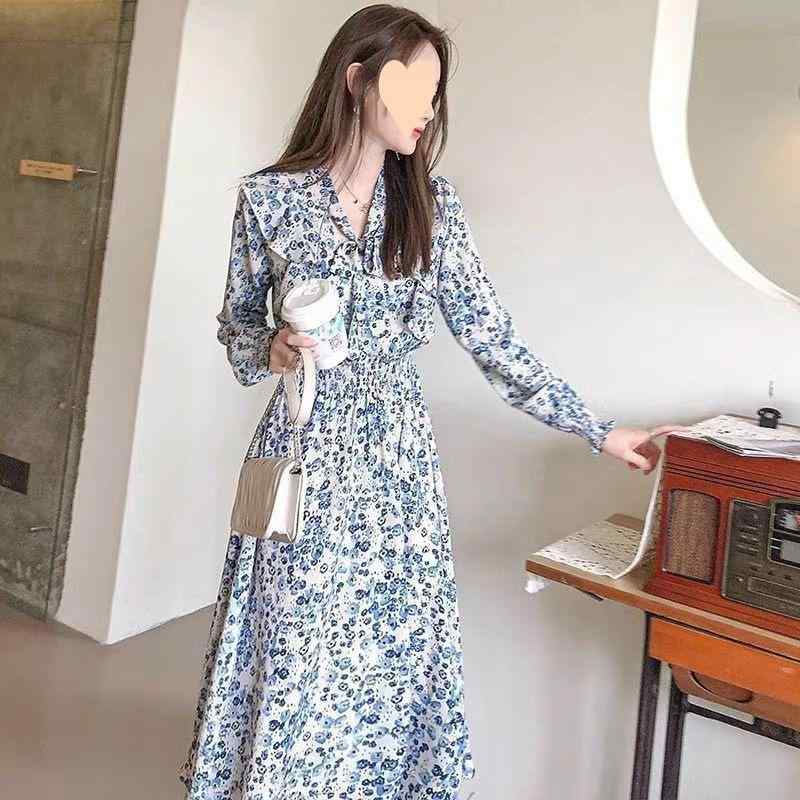 ワンピース 女性用 秋 長袖 立領 斜肩 切り替え 中長丈 仙女スカート モダール素材 花柄 印花 抽象柄 軽やか 伸縮性 フレンチスタイル 街頭ファッション かわいい ブルー系 ホワイト系 レッドフラワー ミッドライズ ワンピースドレス トップス スカ