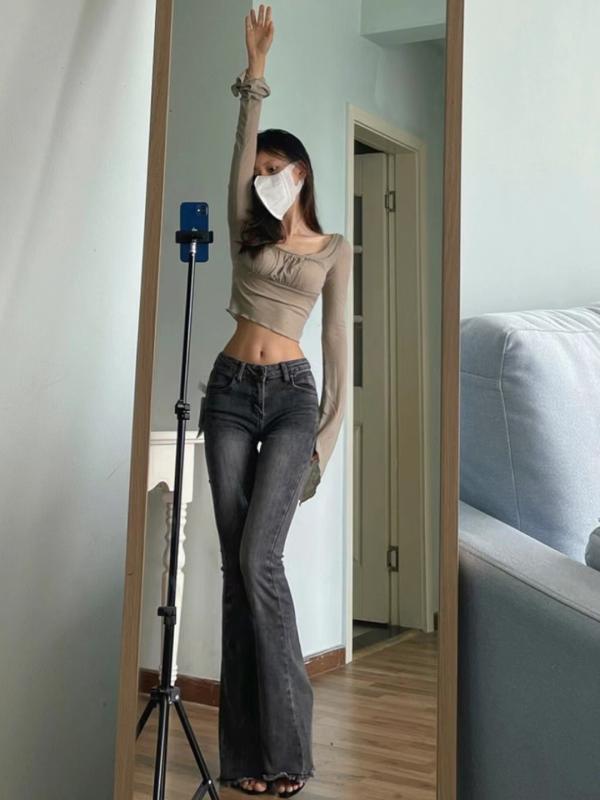 デニムパンツ 女性用 春夏 微喇型 低腰 フレア 修身 スリム 毛フェード 街頭スタイル 快適 レジャー 綿素材 グレー ブルー ロング丈