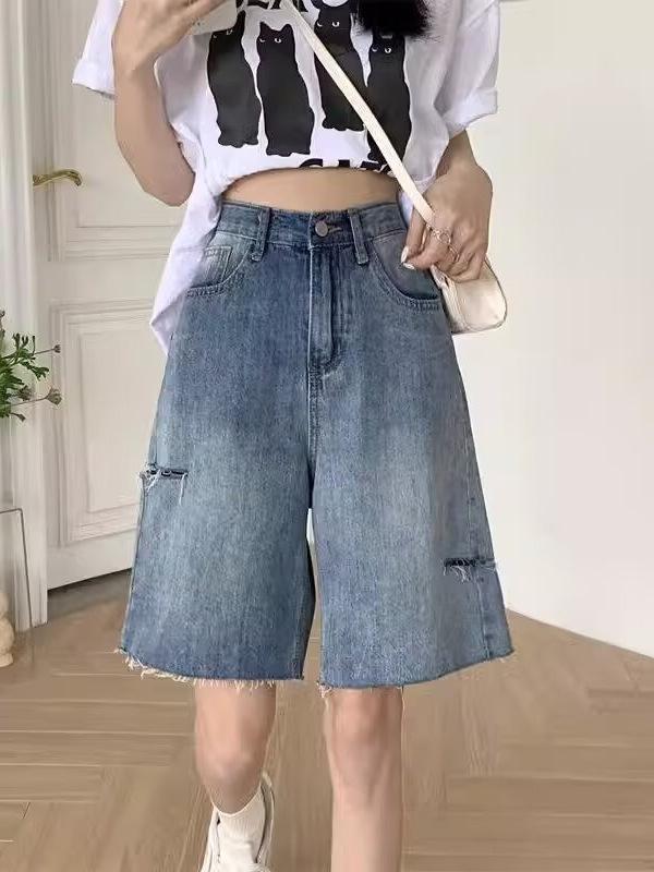 レディース デニムパンツ 夏用 コットン 接触冷感 微弾性 薄手 直筒型 高腰 ワイドレッグ 5分丈 破れデザイン 切り替え ゆったり スリム効果 かわいい 爽やか スイート 快適 カジュアル 普段使い ブルー