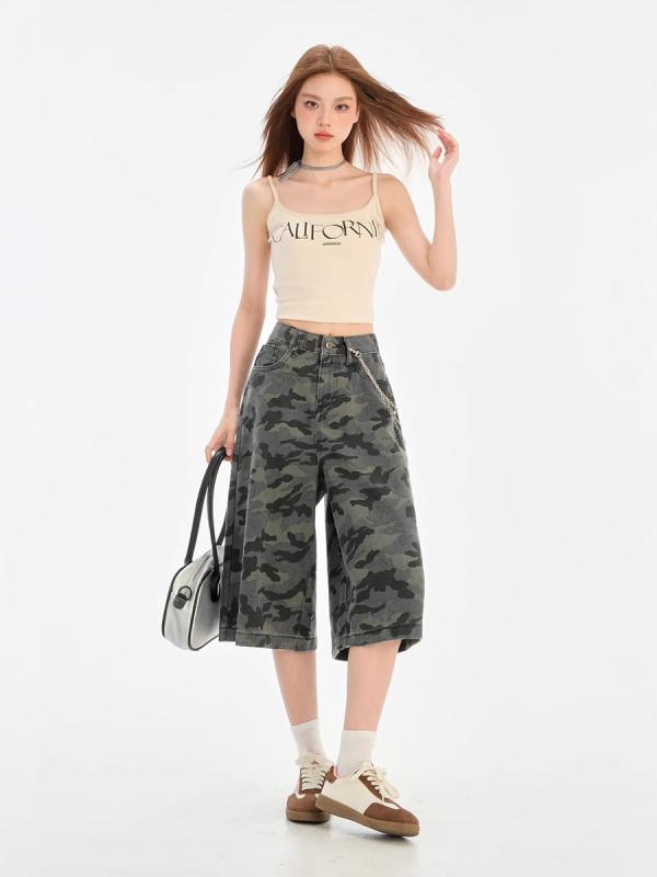 レディース デニムパンツ 七分丈 迷彩柄 ワイドレッグ ハイウエスト 直筒 綿素材 グレー 夏用 ゆったり スリム効果 ストリート カジュアル ミリタリー 砂洗い加工 軽量 快適 普段使い アウトドア