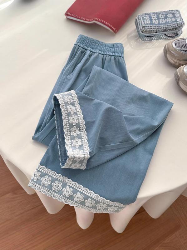 ワイドパンツ レディース 夏用 薄手 高腰 ストレート デニムパンツ 長丈 アイスシルク 接触冷感 切り替え レース 伸縮性 軽量 快適 浅ブルー グレー カーキ ブルー ダークグレー 春夏 普段使い カジュアル デイリーウェア