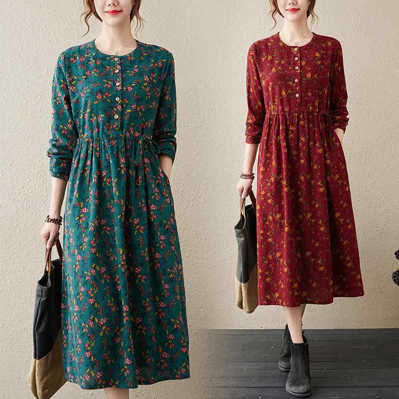 ワンピース 女性用 秋冬 長袖 コットンリネン フラワープリント 切り替え ゆったりシルエット ウエストシェイプ ドローストリング フレアロングスカート 緑 ブラウン 赤 ラウンドネック ルーズフィット レトロカジュアル 日常使い 優雅スタイル