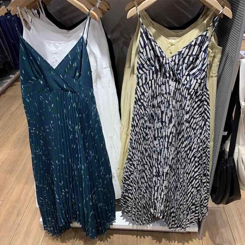 ワンピース 女性用 春夏 吊り帯 中長丈 Vネック 無袖 高腰 フレアスカート ピステルカラー 花柄 プリーツ 切り替え 軽量 ポリエステル 普段使い かわいい 爽やか シルエット
