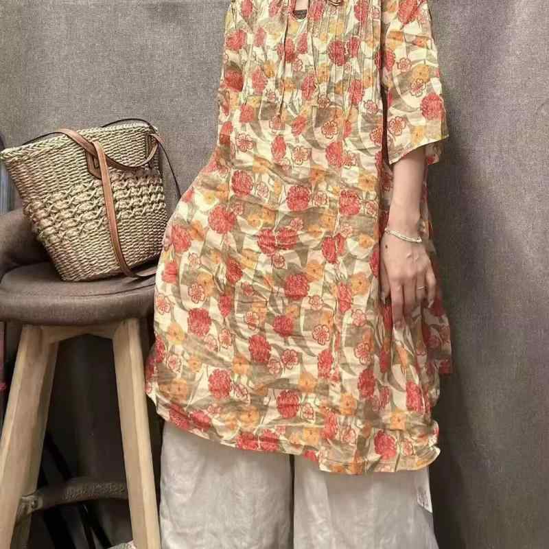 ワンピース ミディ丈 ?麻 碎花柄 夏服 女性用 無領 五分袖 ゆったり腰回り ビンテージ風 不規則裾 接触冷感 軽量 吸湿速乾 単品 セットアップ不可 春夏 日常使い 外出向け カジュアルスタイル 再生繊維 綿混