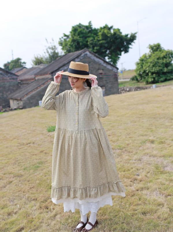 ワンピース レディース 春夏 森ガール かわいい フラワー柄 コットンリネン 接触冷感 ロング丈 Aライン 花辺ラウンドネック 長袖 ルーズフィット ポケット 付け ピンク ベージュ ブルー フレアスカート 軽量 通勤 普段使い 復古 フェミニン トップ