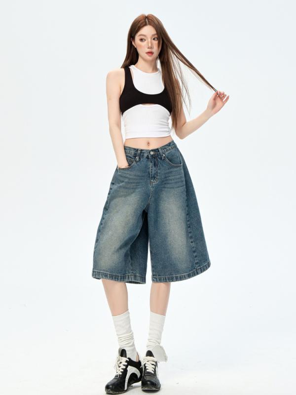 レディース 牛仔パンツ デニム ショートパンツ 高腰 ハイウエスト スリムフィット ゆったり ルーズ ワイドレッグ ミッド丈 中厚 コットン ポリエステル 洗い加工 ビンテージ ブルー 気品 通勤 スタイル 直筒 膝下 夏 春夏 日常使い 軽量 カジュア