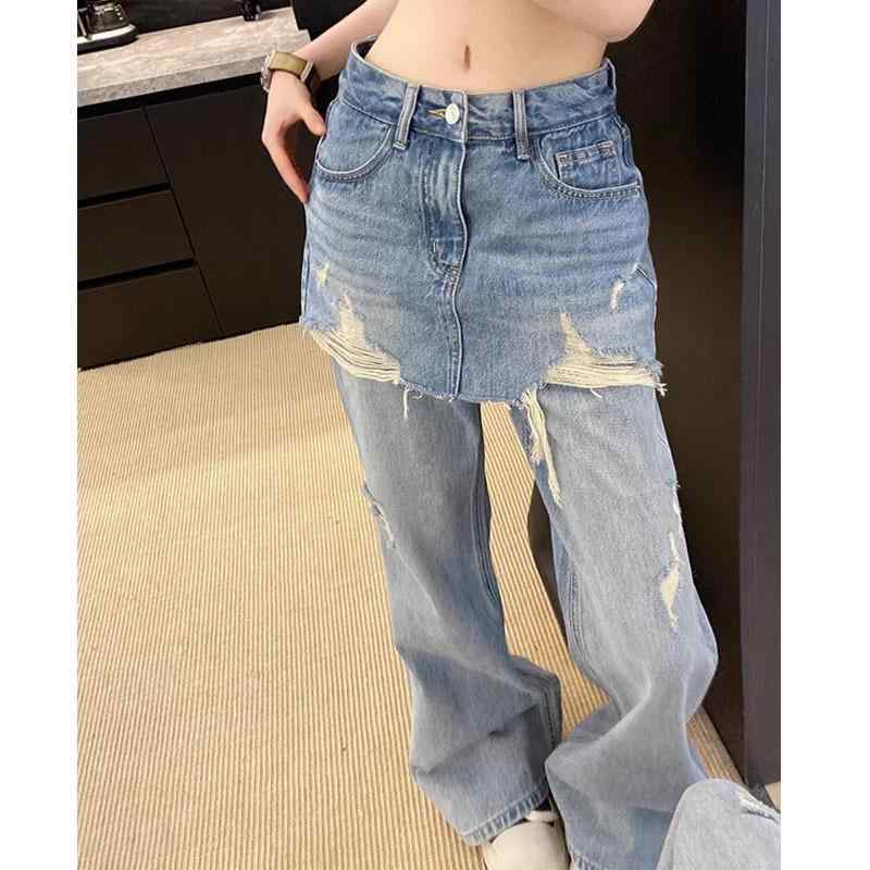 レディース 牛仔パンツ ワイドレッグ 高腰 破れ 切り替え ゆったり ロング丈 牛仔ブルー ストレッチ 春夏 デニム 私服 スタイルアップ 普段使い カジュアル 軽量 通勤 デイリー 再生繊維 吸湿速乾
