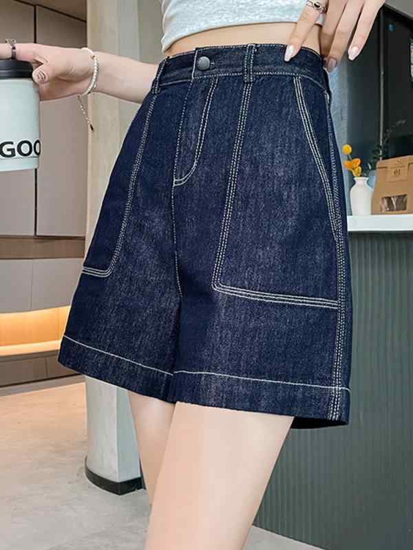 デニムショーツ 女性用 夏用 薄手 高腰 スリム効果 ワイドレッグ 三分丈 牛仔パンツ 気質通勤 ?腿 深青 レイセル混 ポリエステル混 切り替え 無弾力 軽量 涼感 ゆったりシルエット 普段使い 洗練カジュアル