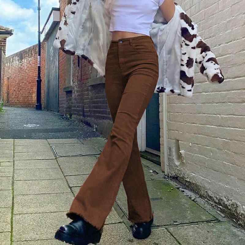 レディース デニムパンツ 微喇 ハイウエスト スリムフィット コットンストレッチ ロング丈 直筒型 ブラック ブラウン カーキ 秋冬 通勤 普段使い 気質 英倫風 洗い加工 快適 軽量 伸縮性 ビッグシルエット ゆったり コーデ トップス ボトムス ファ