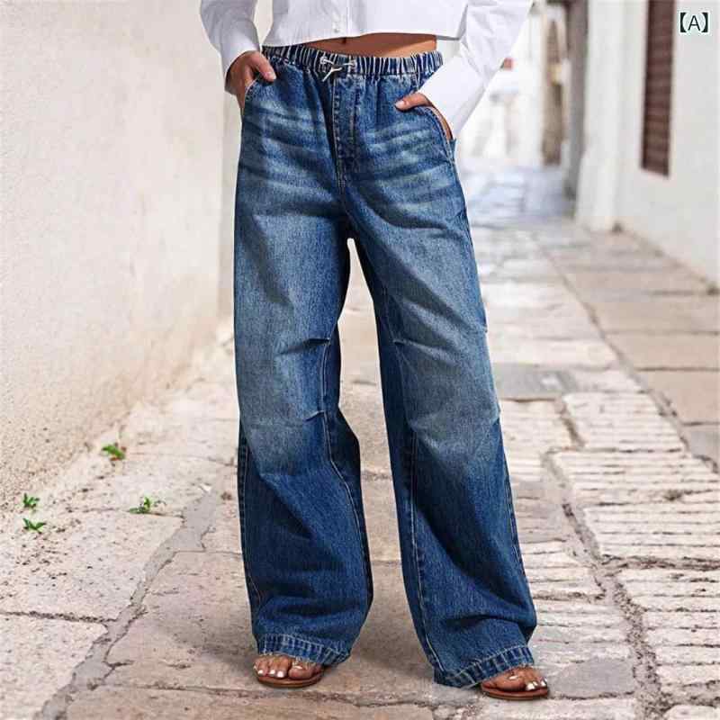 レディース 牛仔パンツ ミッドライズ ワイドレッグ プリーツ ルーズ ストレート デニム 綿 ポリエステル 混合 無弾性 ウォッシュ加工 春夏 ディープブルー ストリート 欧米風 ヴィンテージ 潮 個性 長丈 通勤 普段使い カジュアル