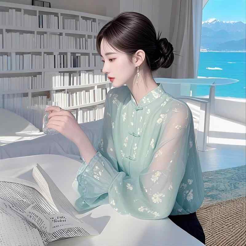 シャツ 女性用 緑 雪紡 プリント 長袖 立襟 盤ボタン 日系 気質 ゆったり フレンチ ヴィンテージ トップス 開襟 ワイド ポリエステル 花柄 無鉄 ゆったりシルエット 春 日常使い 軽量 通勤 カジュアル ブラウス