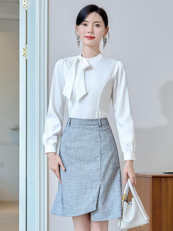 女性用 長袖 シャツ セット 通勤服 白色 雪?素材 ポリエステル アクリル繊維 無地 立襟 立体装飾 免アイロン 気質 優雅 仕事着 ホテル受付 事務服 ビジネススタイル 春夏 秋冬 対応 吸湿速乾 伸縮性 軽量 普通丈 通常シルエット セットアップ