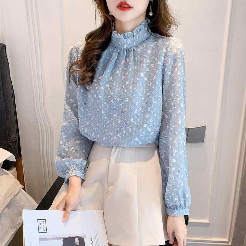 レディース トップス シャツ 雪紡 長袖 立領 切り替え 直筒 普通丈 ブルー 純色 ポリエステル 接触冷感 かわいい 甘め 韓国風 セットオン 秋冬 通勤 普段使い 軽量 伸縮性 吸湿速乾