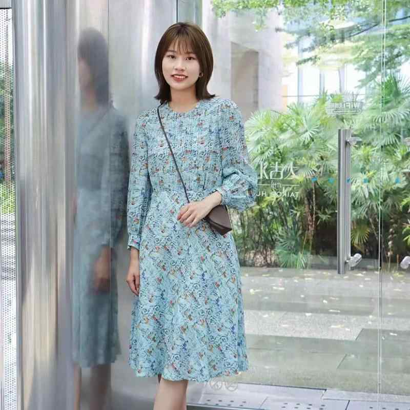 ワンピース 女性用 真? 長袖 花柄 プリント 丸首 中丈 仙女スカート ミドルウエスト 植物モチーフ 雪山ハウス柄 清新 甘い 少女風 接触冷感 軽やか 通勤 普段使い 春夏 ピンク系 アイボリー