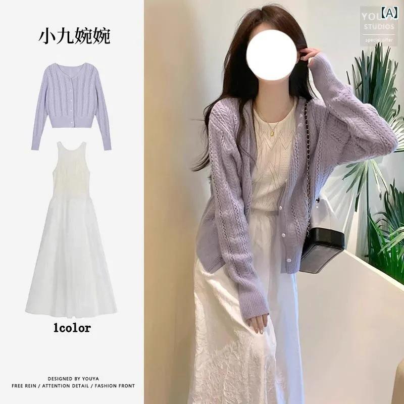 ワンピース レディース 春夏 セット 無袖 長丈 ワンピース 紫色 ニット カーディガン 切り替え デザイン 防晒 加工 接触冷感 素材 軽量 通勤 スタイル 気質 都市 ファッション 吸湿速乾 機能 伸縮性 生地 ハイウエスト シルエット かわいい コ