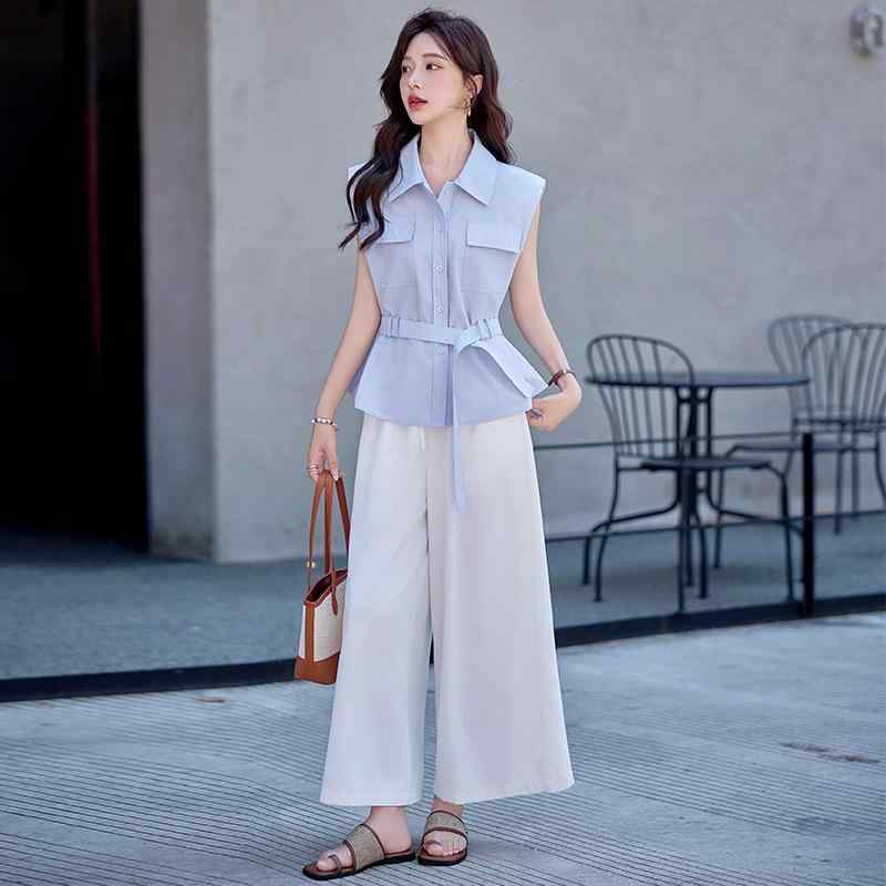 レディース ワイドパンツ セット 無袖 ブラウス トップス 夏 春夏 職業 通勤 私服 気質 優雅 御姐風 セットアップ 切り替え デザイン ポリエステル 混紡 素材 ブルー イエロー 軽量 涼しい 接触冷感 吸湿速乾 ハイウエスト ビッグシルエット ス