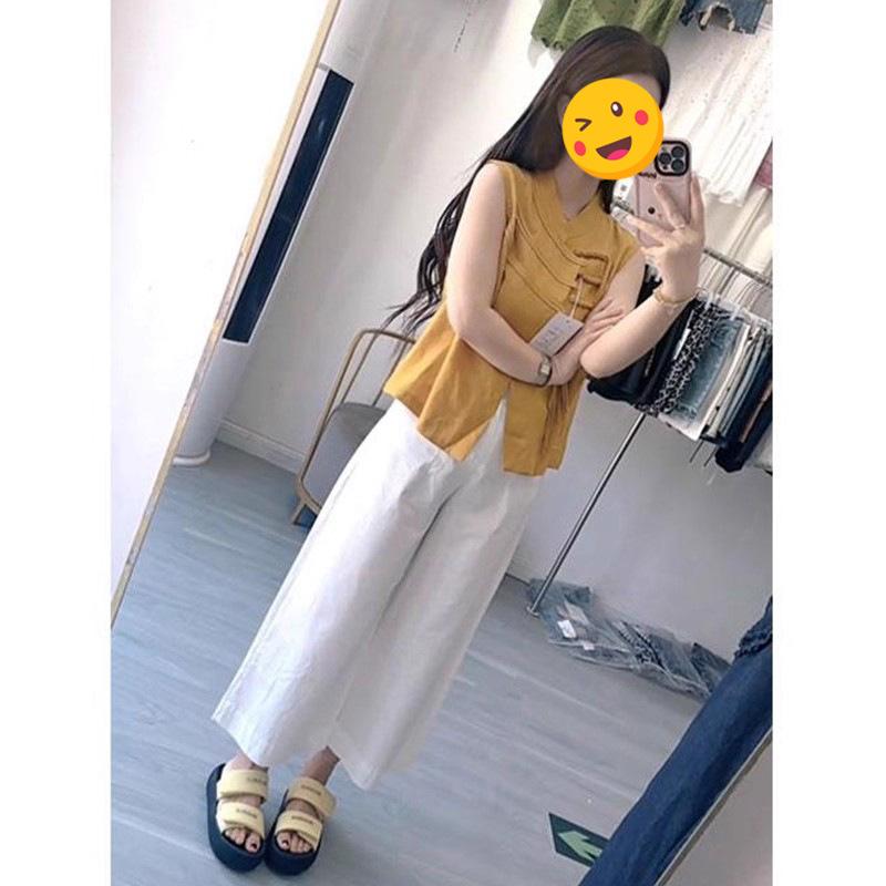 レディース 無袖 ブラウス ワイドパンツ セット 盤ボタン デザイン 気質 通勤 スタイル ゆったり ストレート シルエット 夏 ?? 素材 柔軟 処理 純色 黄色 上衣 白色 ズボン 九分丈 優雅 風 休? セットアップ 女性用 トップス ボトムス 組
