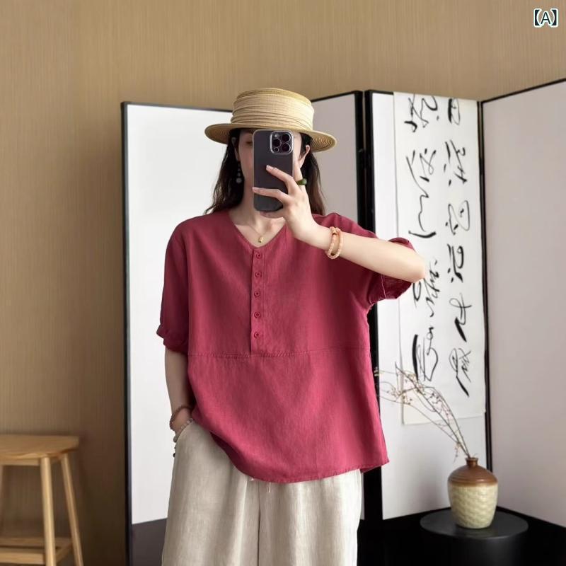 リネン シャツ 女性用 短袖 切り替え トップス Vネック ゆったり シンプル かわいい 純ア麻 麻素材 快適 吸湿速乾 軽量 赤 杏色 蛍光黄 淡緑 金色 春夏 シーズン カジュアル 普段使い 部屋着 ビッグシルエット 再生繊維 混紡