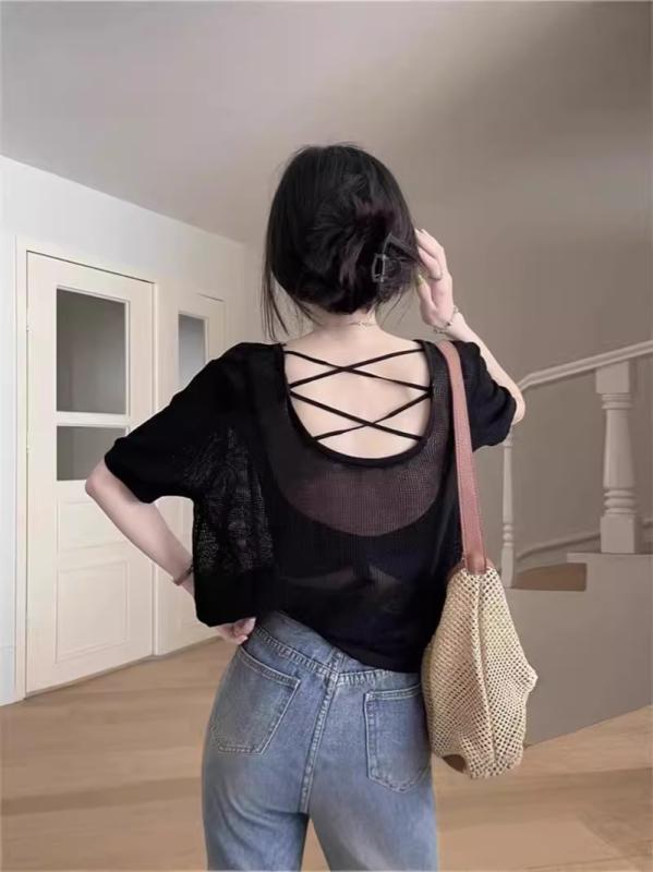 Tシャツ 女性用 夏 接触冷感 防晒 長袖 背中切り抜き 短丈 トップス 網紗 ショートスリーブ 緩みシルエット 丸首 ストライプ柄 格子柄 通勤風 気質スタイル 伸縮性 吸湿速乾 ブラック 黒杏 ・柑其 綿混 再生繊維 軽量 普段使い
