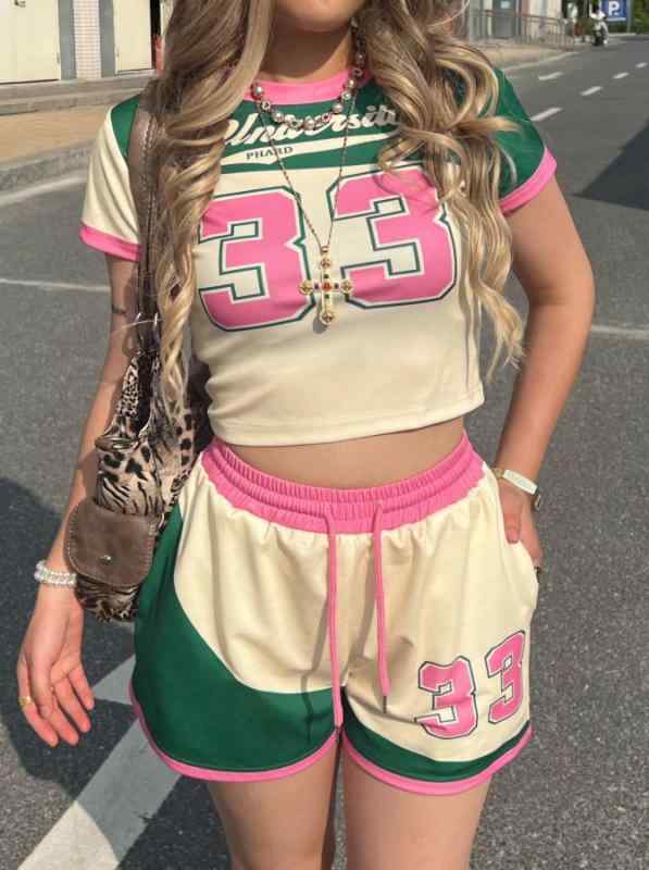 レディース トップス セットアップ 復古 ルーズ プリント スポーツ Tシャツ コントラスト 野球 ショートパンツ 2点セット 街頭風 トレンド セクシー ポリエステル スパンデックス ミックス 伸縮性 立体プリント 春季 杏色 3分袖 3分丈 ゆったり