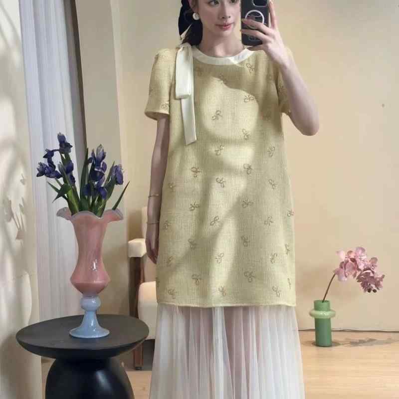 ワンピース レディース 夏用 長め Aライン 丸首 短袖 泡泡袖 ゆったり腰回り 切り替え 刺繍 手作業 ビーズ 装飾 網? 素材 接触冷感 免?加工 気質 通勤 普段使い シングルピース セットアップ風 ゆったり 大きいサイズ 優雅 スタイル 純色 デ