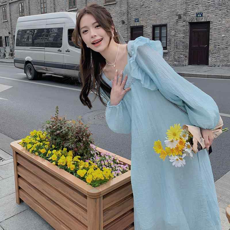 ワンピース 女性用 方領 泡泡袖 長袖 春夏 ライトブルー ピンク ゆったり かわいい 優しい ロマンチック ロングドレス 日韓カジュアル 気質エレガント 軽量 吸湿速乾 再生繊維 ワイドシルエット 通勤 普段使い｜LiLishop6