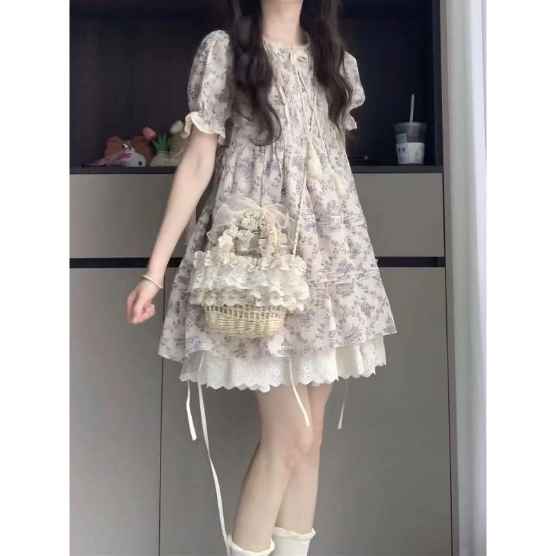 ワンピース ガールズ かわいい 泡泡袖 フラワー柄 コットン 接触冷感 夏 春夏 レディース ロング 丈 Aライン スカート 丸首 短袖 少女風 学院風 仙女スタイル プリンセス スカート ロマンチック ビンテージ 風 小柄 対応 日常使い 軽量 通気性