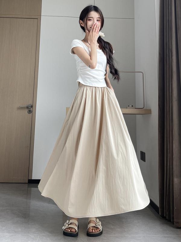 スカート 女性用 夏 ミディ丈 Aライン ハイウエスト プリーツ 半身裙 接触冷感 再生繊維 切り替え 無伸縮 清新 かわいい ブラック ピンク系 グレー ライトブルー ベージュ系 ミントグリーン 普段使い 軽量 通勤 軽やか シルエット
