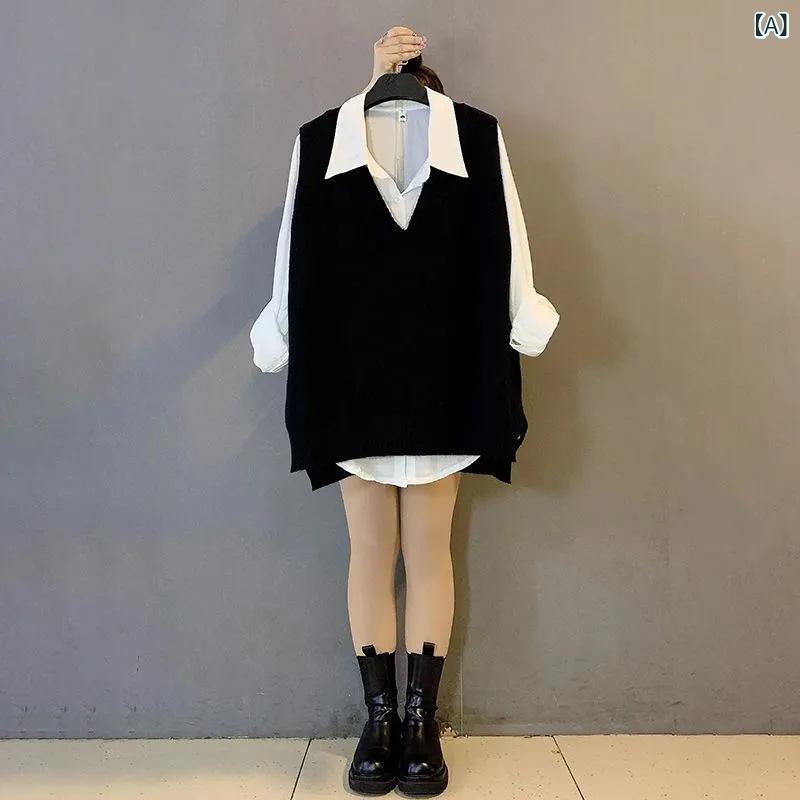 レディース 秋冬 ニット 馬甲 シャツ セット 気質 通勤 スタイル ゆったり シルエット ポケット デザイン 長袖 トップス ポリエステル 素材 ブラック 組み合わせ グレー 組み合わせ ベージュ 組み合わせ 隠れ肉 効果 幅広 フィット 軽量 吸湿性