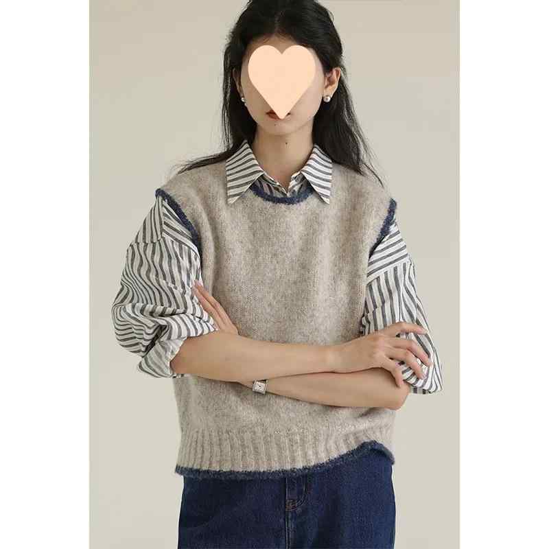 レディース トップス セット 秋冬 学院風 復古 塩系 馬甲 ニット ベスト 女性 塩系 ストライプ シャツ 通勤 普段使い 気質 スタイル 快適 長袖 長丈 ストレッチ 素材 軽量 切り替え デザイン ブラック ピンク系 アイボリー カラー ビッグシル