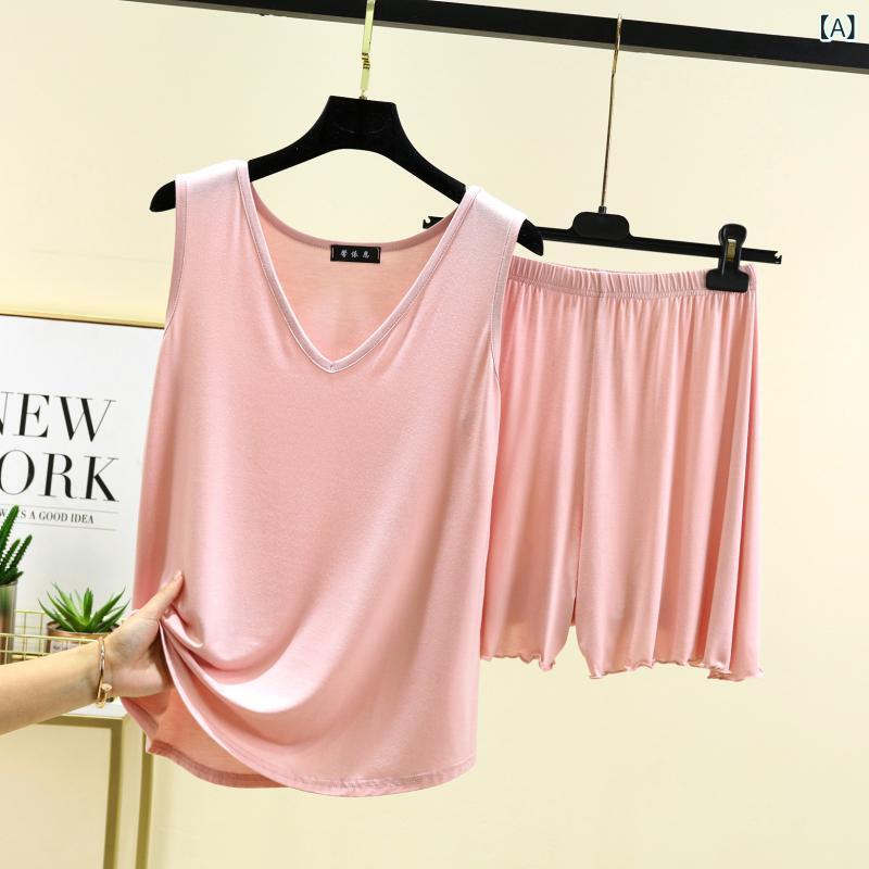 レディース Vネック 無袖 キャミソール ショートパンツ セット 夏 春夏 純色 薄手 接触冷感 モダール ストレッチ ピンク ブラック ブラウン グレー グリーン ホワイト ベージュ ライトブルー 日韓カジュアル 快適 部屋着 普段使い 軽量 吸湿速乾
