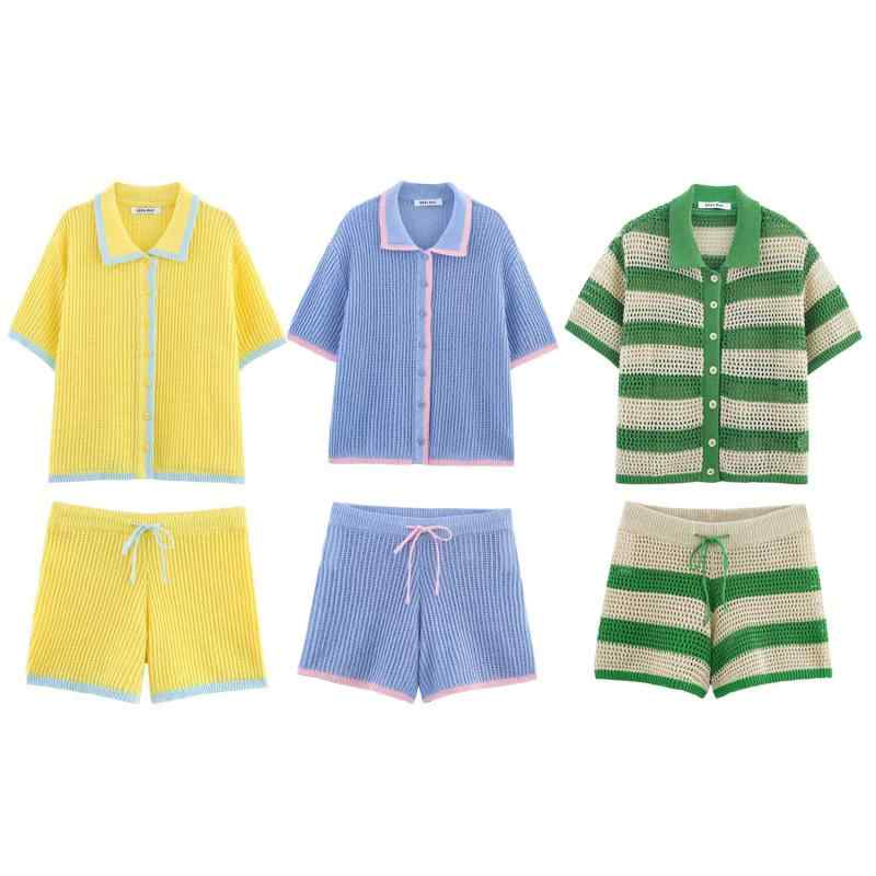 レディース 春夏 セットアップ 短袖 ニット トップス ショートパンツ 切り替え デザイン 系帯 ディテール ?? 混紡 軽量 通気性 日韓 スタイル 気質 優雅 ブルー イエロー グリーン 3分 丈 カジュアル 普段使い