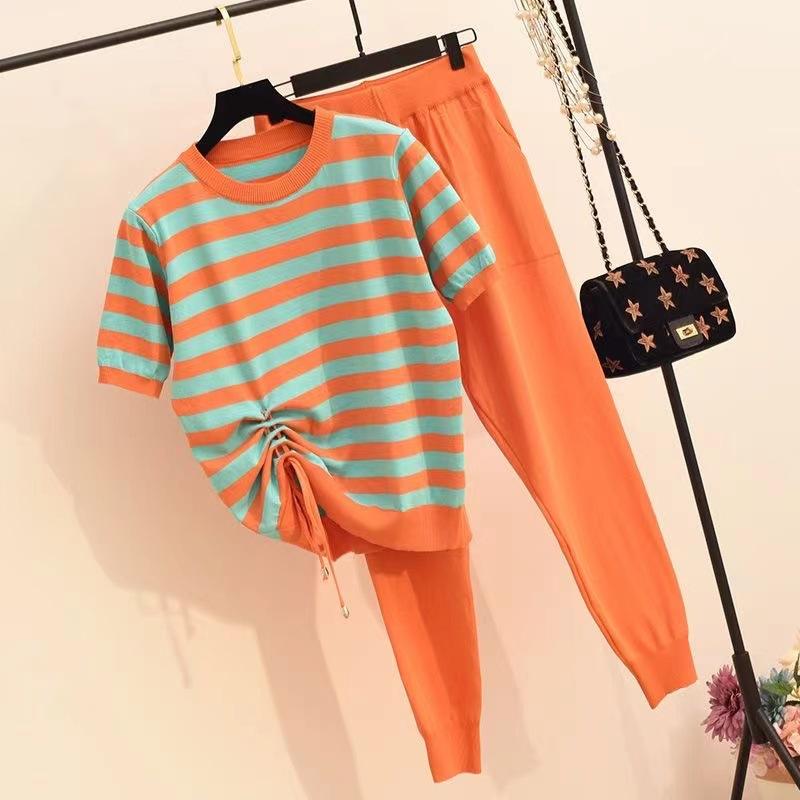 レディース ニット トップス ショートパンツ セット 条紋 切り替え ストライプ柄 抽? ウエスト 調整可能 短袖 3分袖 九分丈 粘膠繊維 混紡 接触冷感 吸湿速乾 軽量 通勤 普段使い 快適 気質 スタイル ブラック ネイビー オレンジ ピンク系 秋