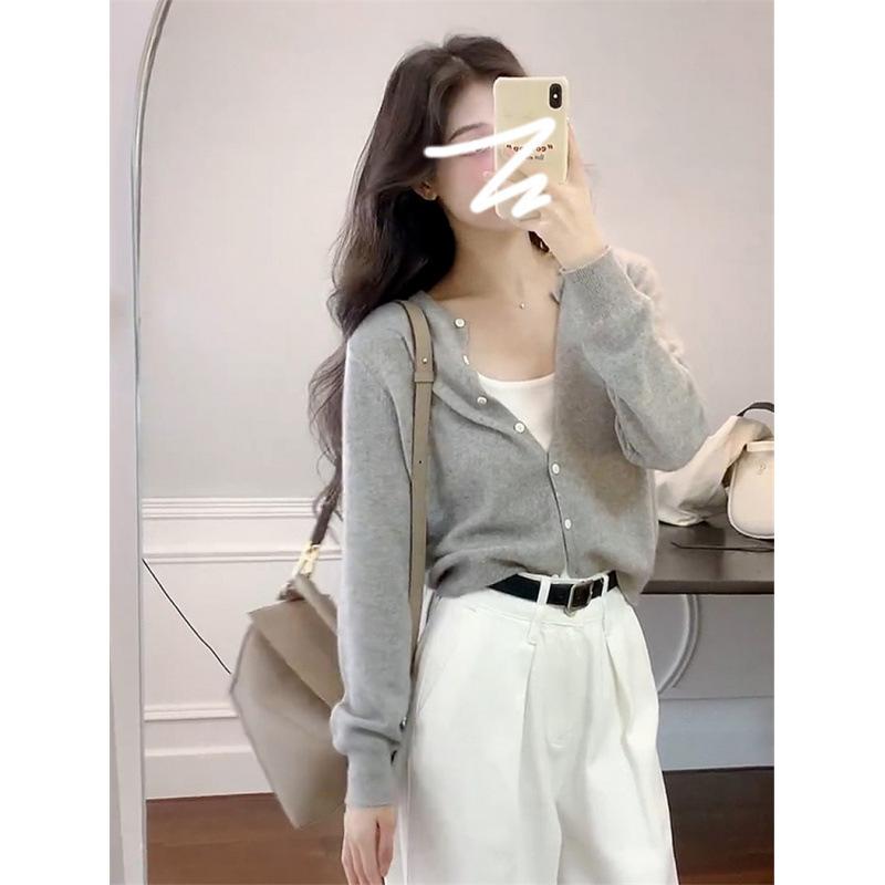 レディース セットアップ ニットカーディガン ロングパンツ セット 茶色 グレー ホワイト 純色 長袖 フレアスリーブ 長丈 スカート風パンツ 気質 通勤 都市 カジュアル 軽量 伸縮性 セット 日常使い 秋冬
