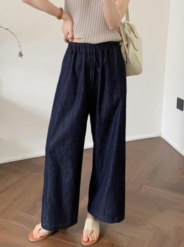 デニムパンツ 女性用 夏 深紺 薄手 ワイドレッグ ハイウエスト 直筒 切り替え 柔らかい 天竺 レイヨン混 微弾性 通勤 普段使い 軽量 吸湿速乾 気質 シンプル ロング丈 クロップド