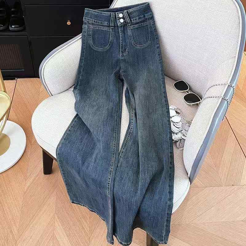 レディース デニムパンツ ハイウエスト 直筒 ワイドレッグ ロング丈 春夏 梨型身材対応 スリム効果 ビンテージ風 ウォッシュ加工 復古ブルー ポリエステル混 コットン素材 中弾性 快適 普段使い 伸縮性 軽量 韓国風 カジュアル デイリーウェア