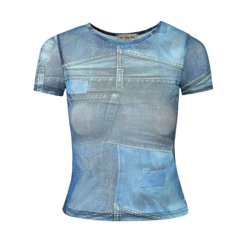 Tシャツ 女性用 短袖 ビッグシルエット インディゴブルー グレー デニム調 プリント レース 透け感 ストレッチ 薄手 接触冷感 吸湿速乾 丸首 クロップド丈 セクシー ストリート 欧米風 夏 普段使い 通勤
