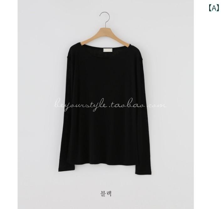 レディース トップス 長袖 Tシャツ 薄手 インナー 透け感 接触冷感 綿素材 修身 丸首 セットインスリーブ ソリッドカラー ブラック ホワイト ミントグリーン ベージュ 春夏 セクシー ライトマチュア ピュアデザイアー スイートスパイシー 韓国風 カ