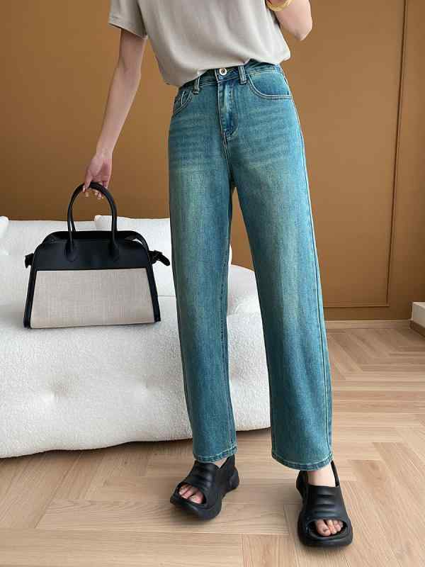 デニムパンツ 女性用 フレンチビンテージ 高腰 スリムフィット ストレートレッグ ワイドレッグ 綿 ポリエステル 切り替えデザイン 翡翠ブルーグリーン 中厚 通勤スタイル 気質 ノーストレッチ ロング丈 ボトムス トップス コーデ 普段使い