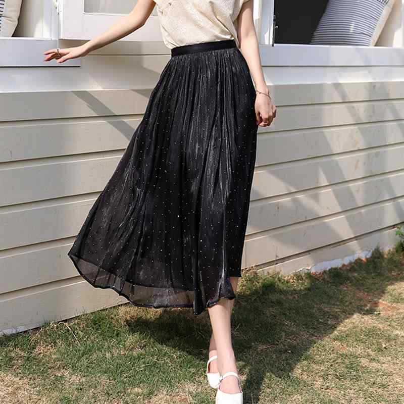 スカート 女性用 半身スカート 中長丈 柔光 チュール プリーツ フレア 大きめスカート 高腰 スリム効果 接触冷感 ポリエステル 無弾性 仙女風 日韓カジュアル 韓系スタイル 気質 優雅 ブラック ホワイト 杏色 ブルー ピンク パープル グリーン カ