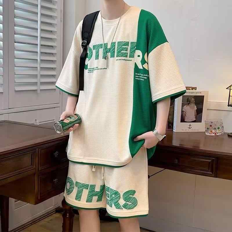 メンズ ワッフル柄 休? スポーツ セットアップ 夏 短袖 Tシャツ ショーツ 組み合わせ 接触冷感 ポリエステル 混紡 軽量 通気性 カーキ ブラック 旅行用 ゆったり 大きめ ビッグシルエット